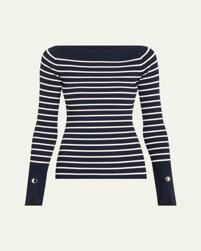 Anya Ribbed Stripe Boat-Neck Top